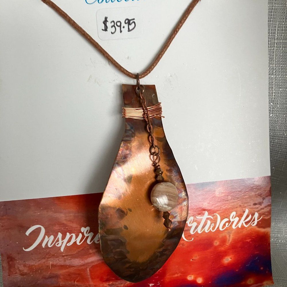 Large Hammered Copper Disk Necklace on 18 inch Cord - Picture 2 of 3